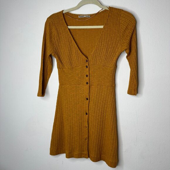 Pull & Bear Golden Yellow Cotton Rib Long Sleeve VNeck Button Up Mini Dress S - Picture 12 of 13